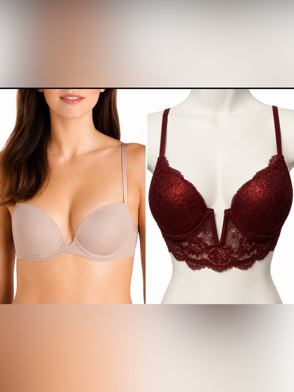 Bra Bundle Lot 34B 36B Red Lace Plunge Bra & Nude Push-Up Bra